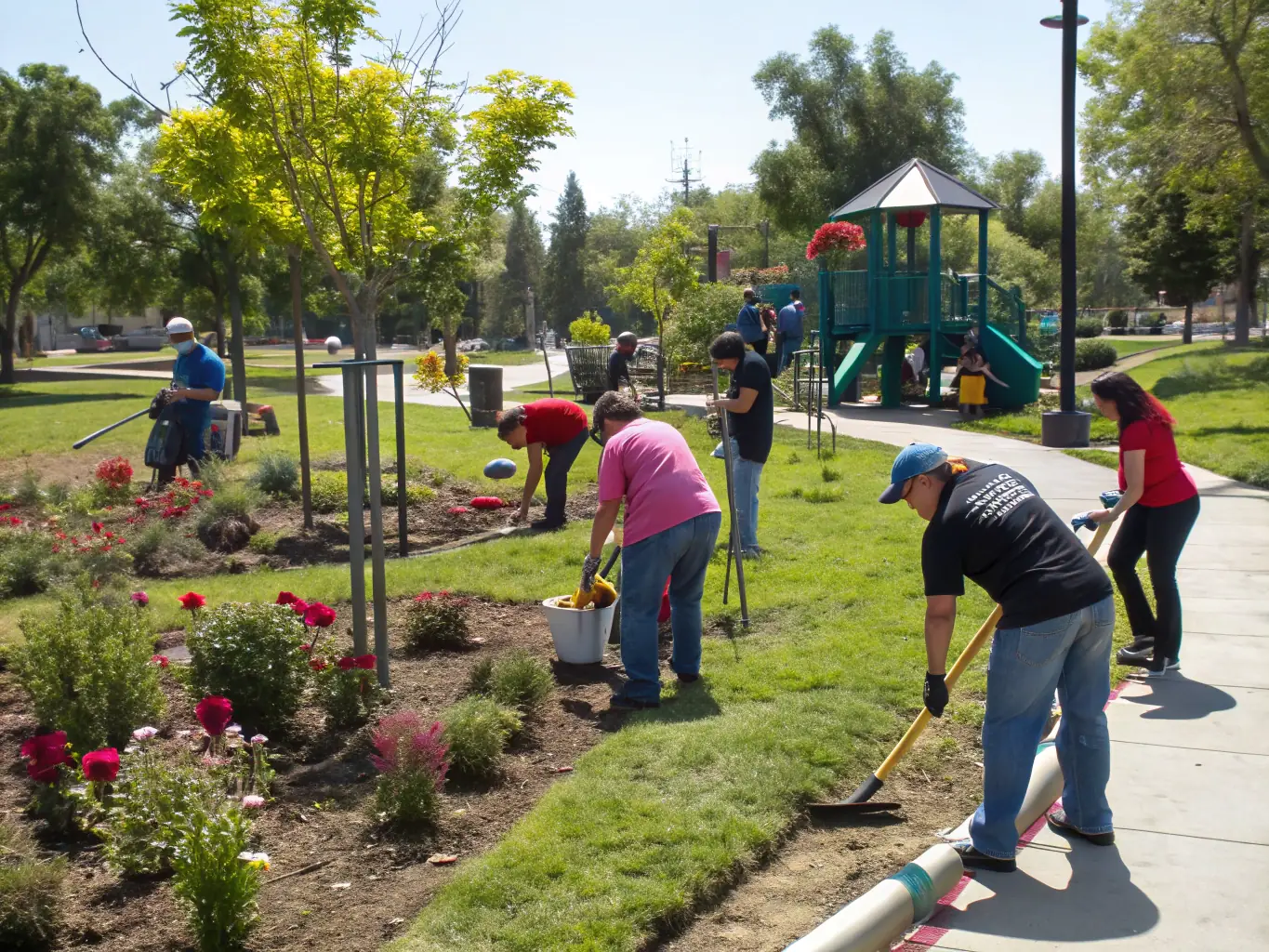 An image showing a group of volunteers working on a community project, such as gardening or renovating a public space. The scene conveys a sense of collaboration and civic engagement.