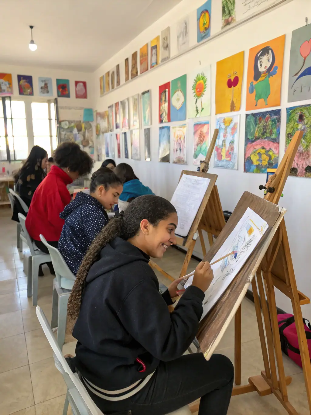 A vibrant photo of a group of children participating in an art workshop organized by ASS CULTURES EN MARCHE, showcasing their creativity and engagement.