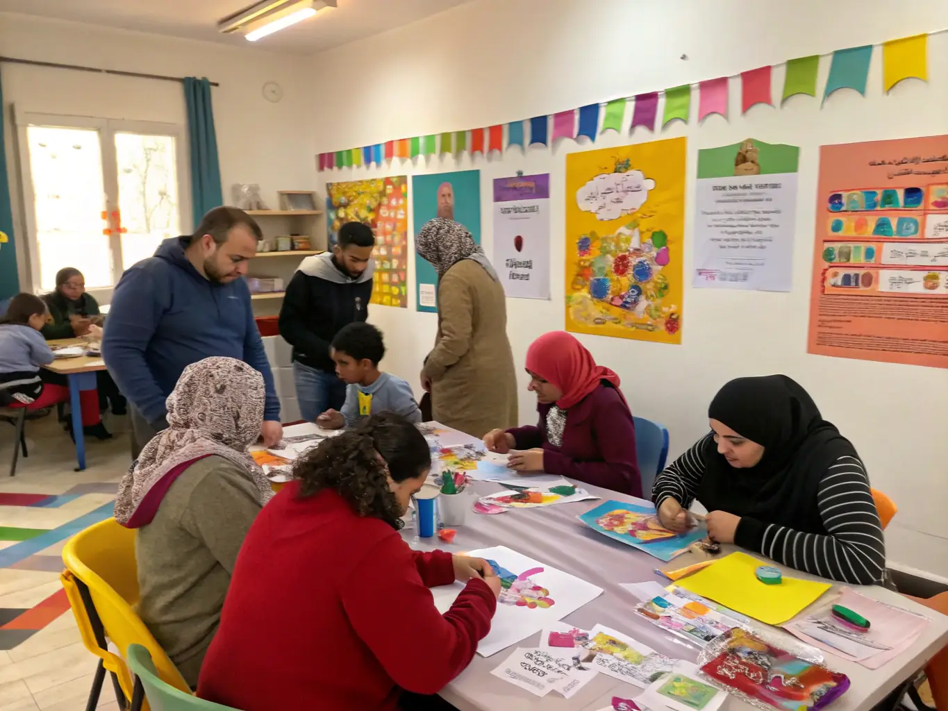 A vibrant image depicting participants actively engaged in a cultural workshop, showcasing hands-on learning and creative expression. The setting is a community center filled with art supplies and smiling faces.