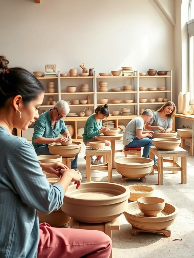 A group of adults learning traditional French pottery techniques in a workshop organized by ASS CULTURES EN MARCHE.