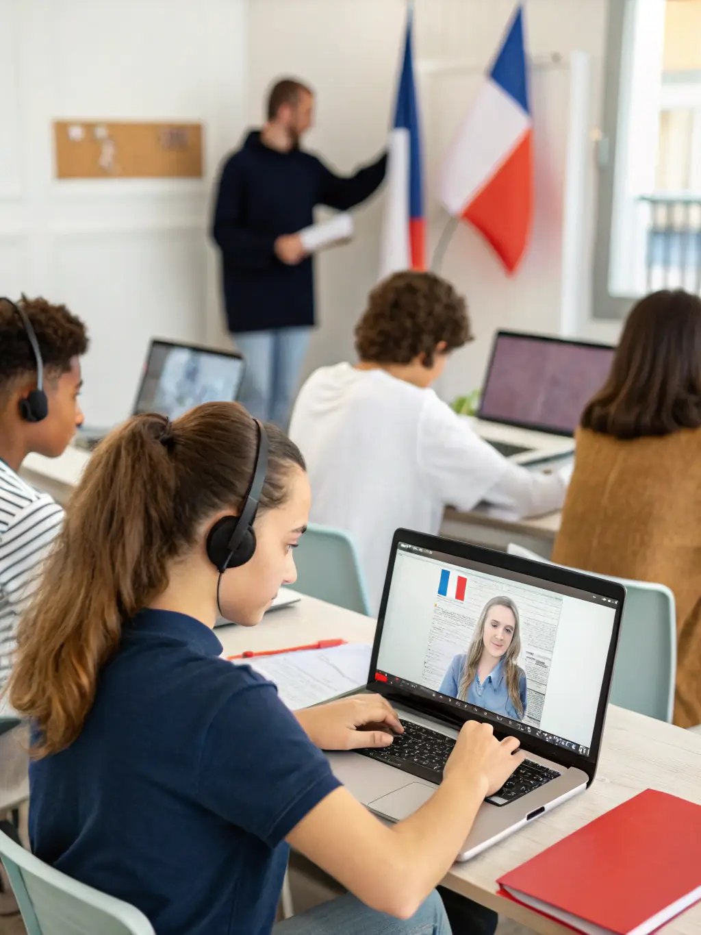 A picture of a group of adults attending a French language course, highlighting ASS CULTURES EN MARCHE's commitment to providing access to knowledge.
