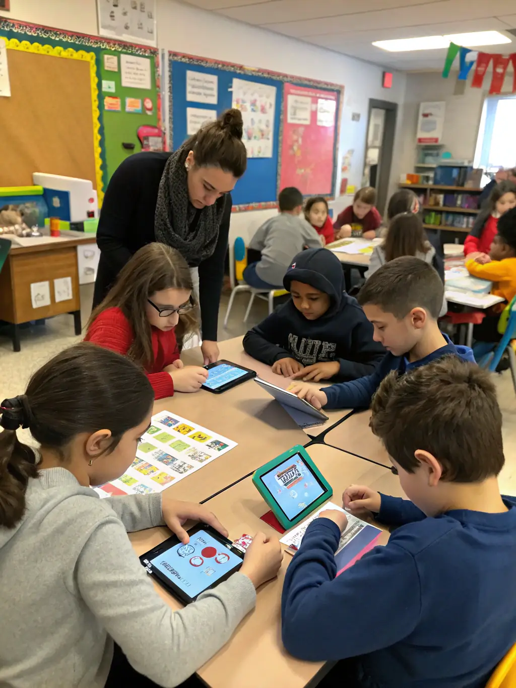 A classroom setting where adults are learning French language skills, facilitated by a native speaker through ASS CULTURES EN MARCHE's language program.