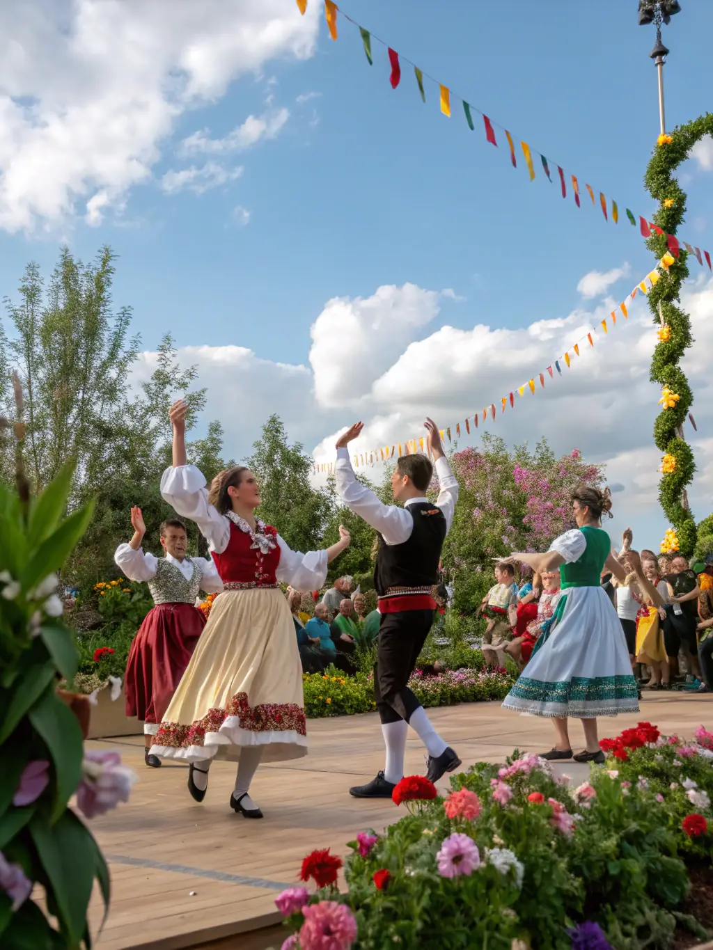 A photo of participants of all ages learning traditional Combraille dances during a cultural festival organized by ASS CULTURES EN MARCHE.