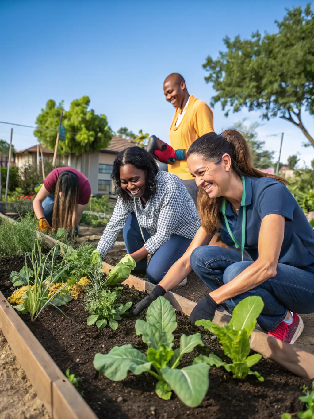A photo of volunteers working on a community project, such as gardening or renovating a local space, demonstrating their dedication and teamwork.