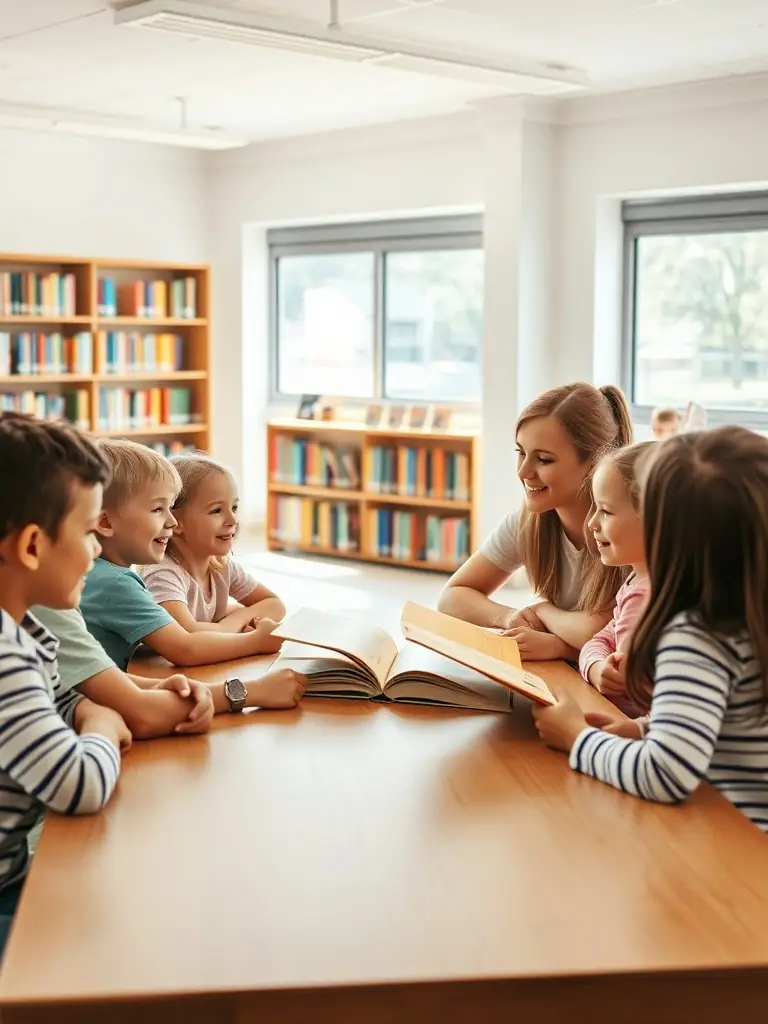 A vibrant photo of children participating in an interactive storytelling session at a local library, part of ASS CULTURES EN MARCHE's educational program.