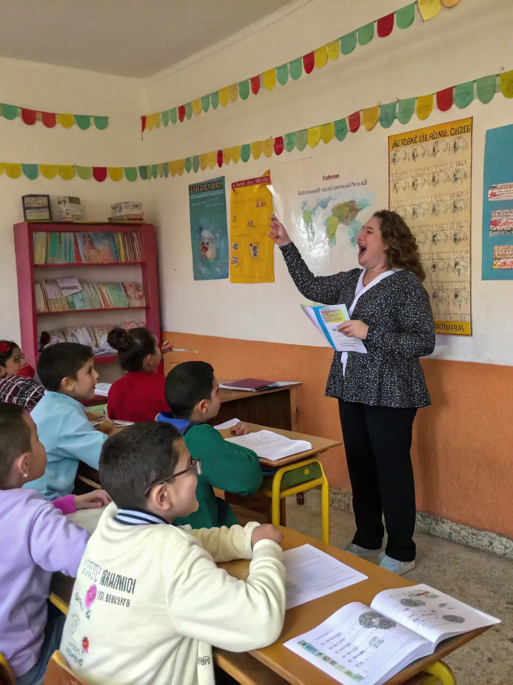 A picture of a language course in session, with participants actively learning and interacting with the instructor.