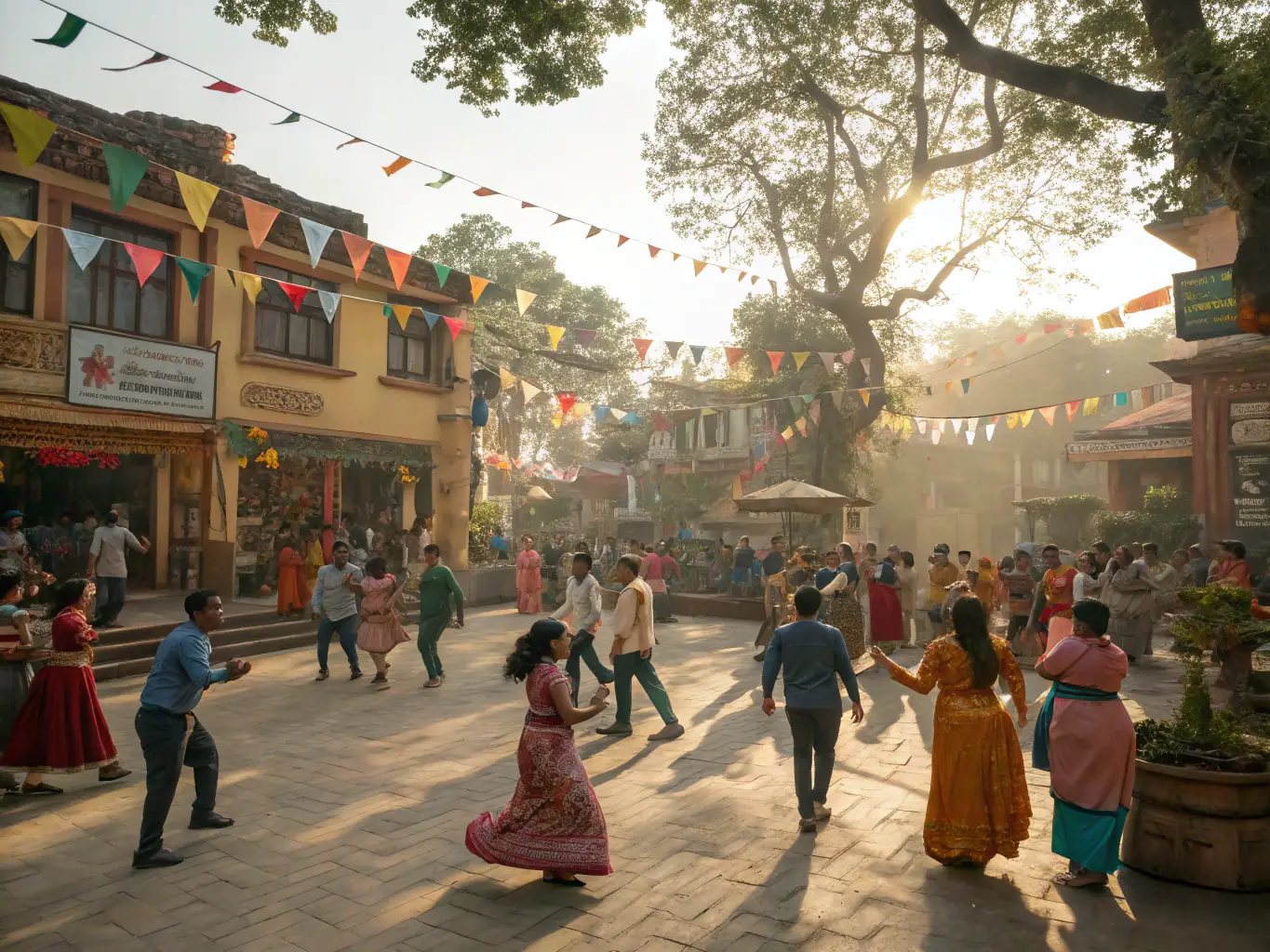A photograph capturing a lively community event organized by ASS CULTURES EN MARCHE, featuring music, dance, and local food stalls. The atmosphere is festive and inclusive, with people of all ages participating.