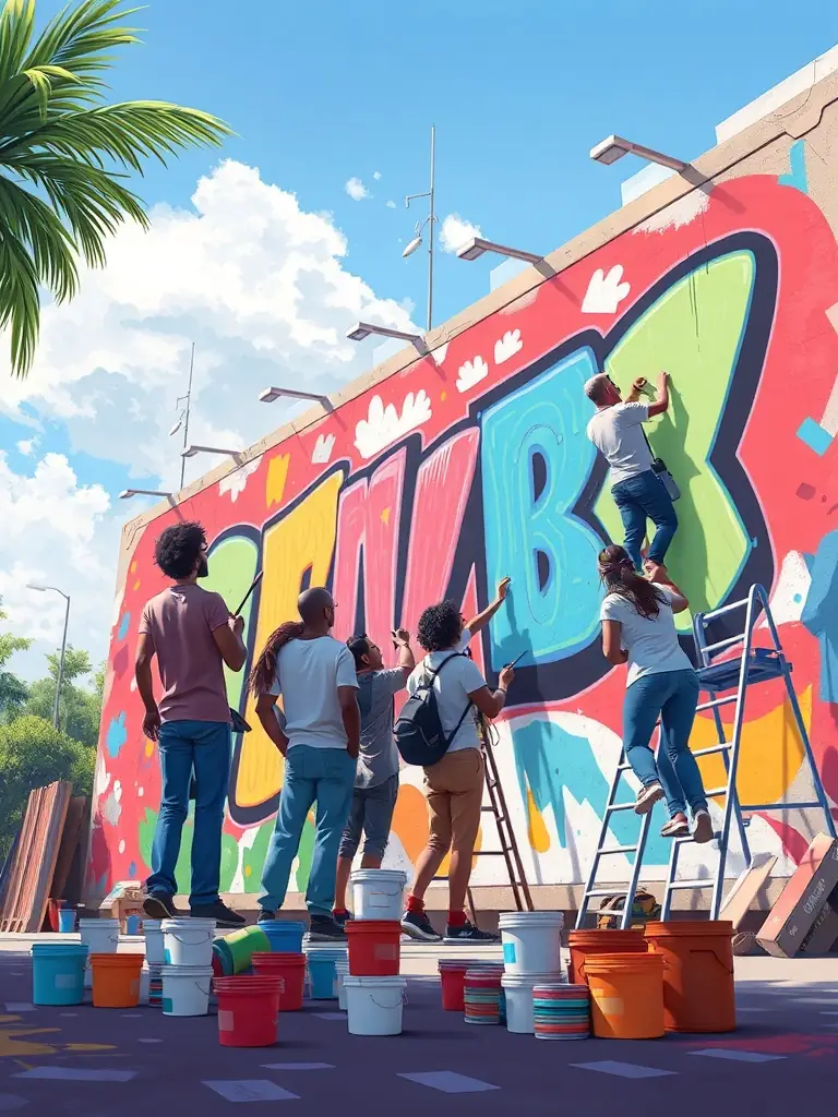 A dynamic image of local artists collaborating on a mural project in a public space in Pays Combraille en Marche, reflecting the organization's support for cultural sharing.