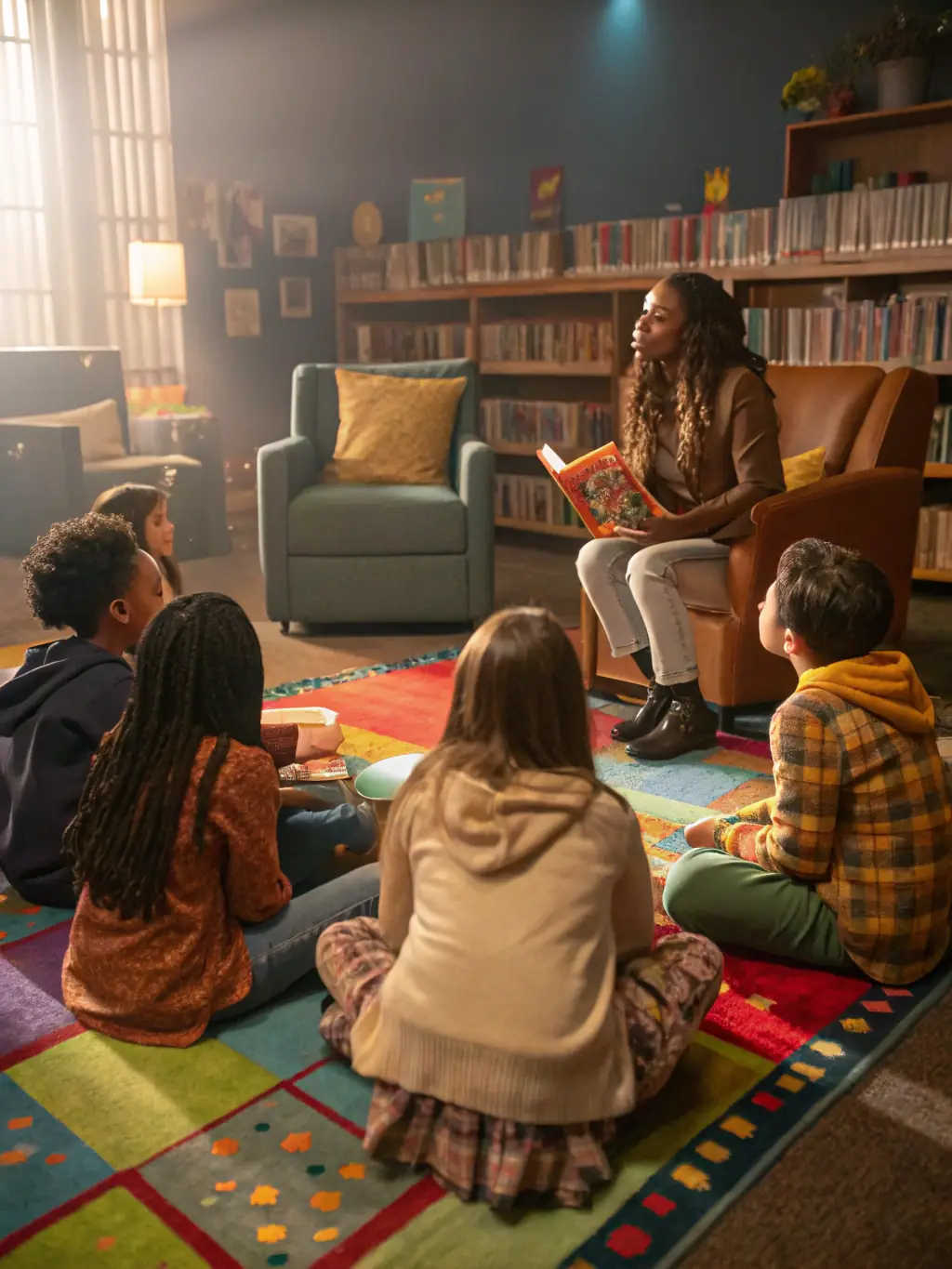A vibrant photo of a group of children participating in a storytelling workshop at the Chambon-sur-Voueize community center, showcasing the educational aspect of ASS CULTURES EN MARCHE's programs.